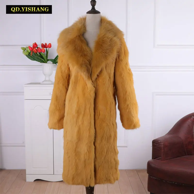 الشتاء الدافئة النساء ريال الأرنب معطف الفرو الطبيعي معطف طويل الراكون الفراء طوق طويلة الأكمام الفراء الموضة QD.YISHANG