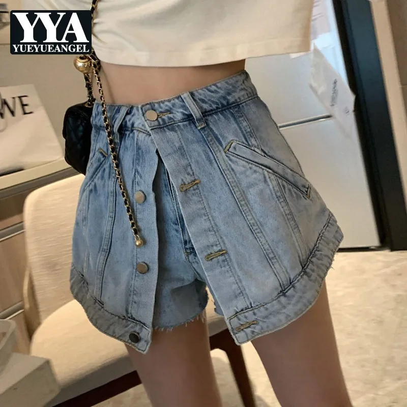 Women Denim Shorts Summer High Waist Tassel Irregular Hot Pants Streetwear Fake 2 Piece Buttons Casual Black Shorts Female