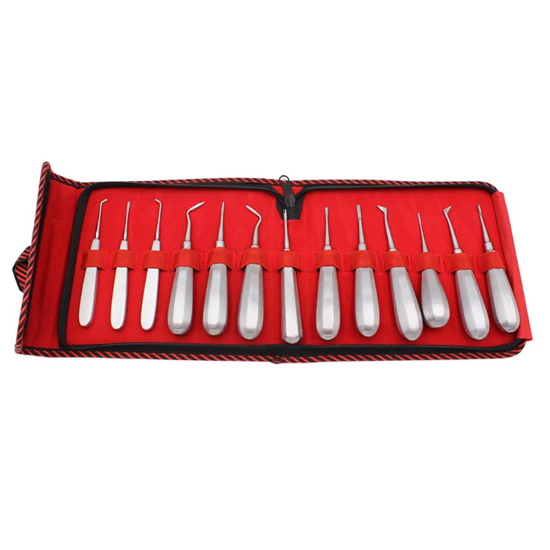 13pcs/set Dental Elevator Set, Teeth Extraction Tooth Extracting Forceps Stainless Steel Curved Root Lift Elevator