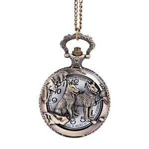 Цифровые карманные часы в ретро стиле, бронзовые прозрачные открытые белые часы с рисунком двух собак, аксессуары для мужчин и женщин, цепочка на ремне