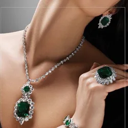 Trendy Lab Emerald Jewelry set White Gold Filled Promise Party Wedding Earrings Necklace For Women Bridal Gemstone Jewelry