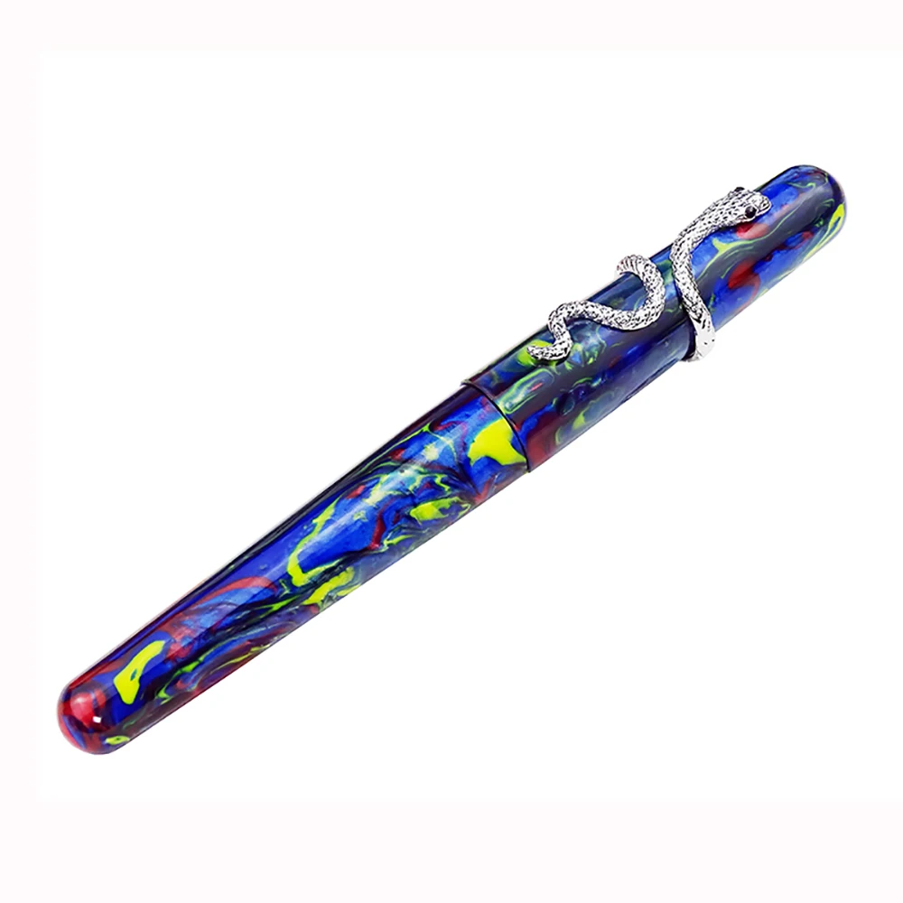 

Fuliwen 017 Resin Fountain Pen Blue Starry Night Big Size EF/F/M Nib Ink Pen with Silver Snake Ring Luxury Gift for Office Home