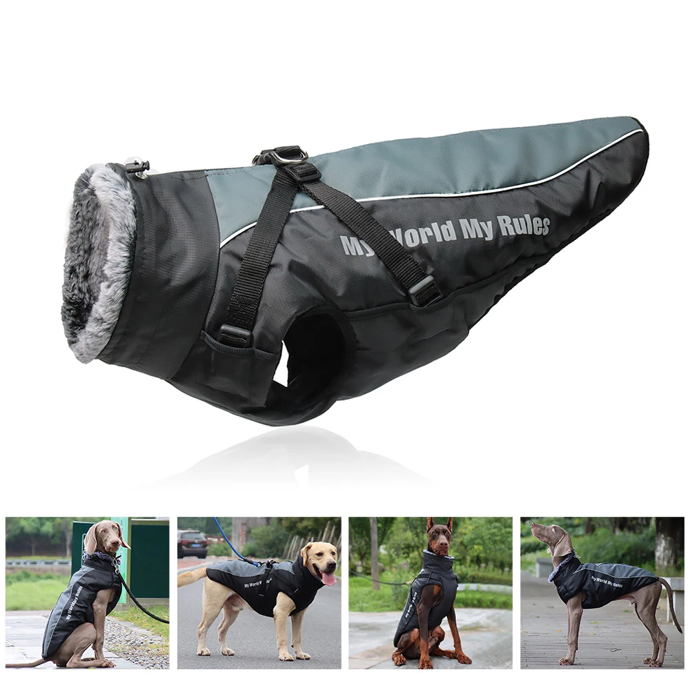 

Waterproof Warm Winter Pet Coat for Large Dogs with Furry Collar Reflective Thicken Jacket Labrador Bulldog Costume Dog Clothes