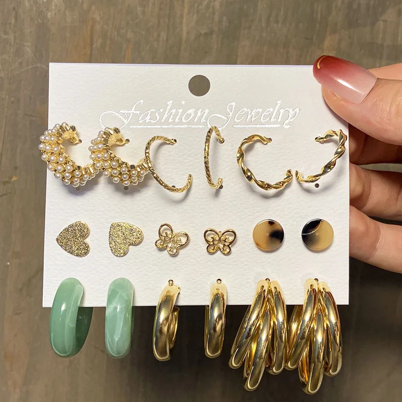 Fashion Mixed Resin Pearl Hoop Earrings Set 2024 New Style for Women Minimalist Flower Heart Butterfly Cross Geometric Earrings