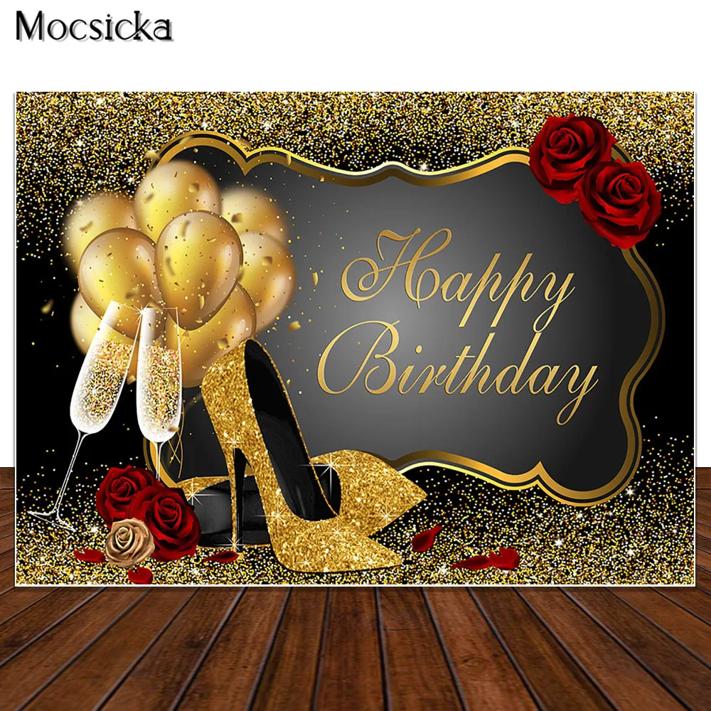 بريق الذهبي الوردي الذهب حفلة عيد ميلاد خلفية روز عالية الكعب الشمبانيا ديكور خلفية الكبار النساء حفلة عيد ميلاد راية