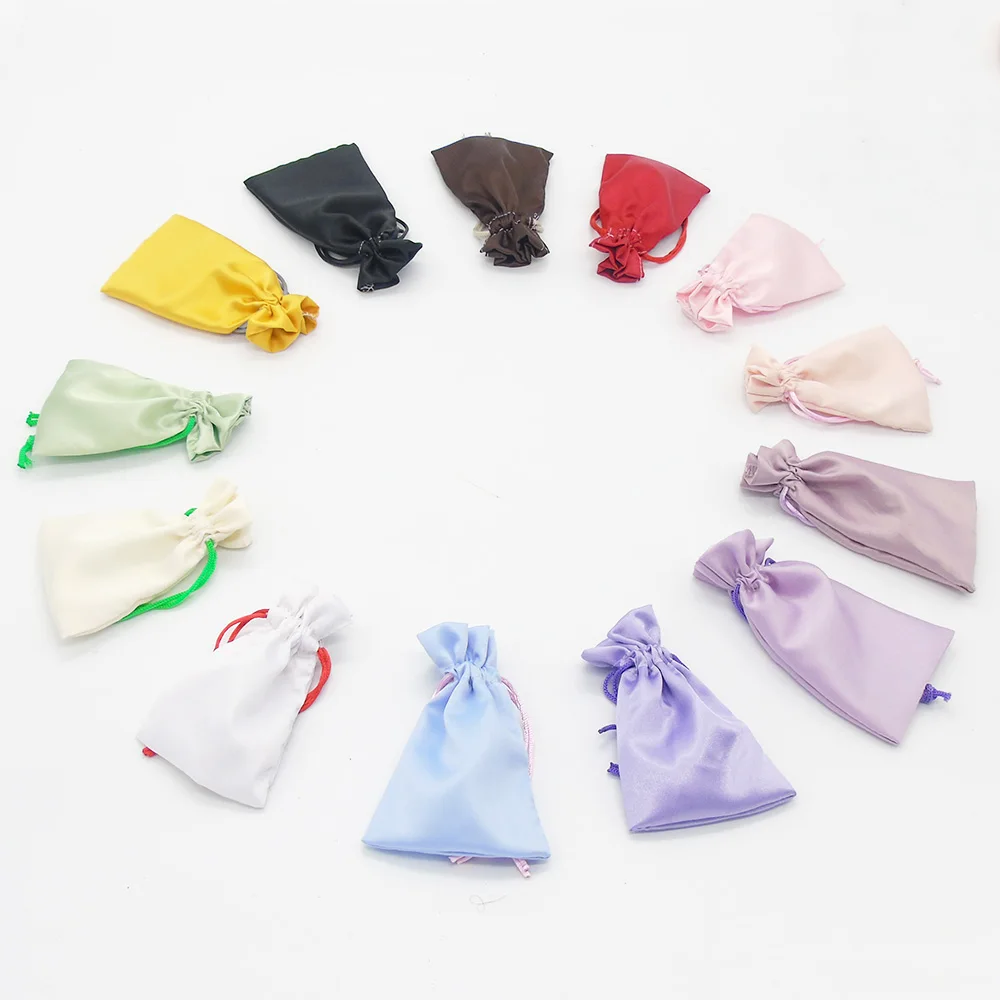 100PCS Satin Drawstring Bag Silk Pouch Jewelry/Hair/Party Favors Gift Packaging Pocket Custom Logo Print Elastic Imitation Silk