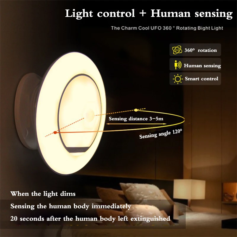 360 Degree Creative UFO Night Light Recharging LED Cabinet Light Intelligent Human Sensor Corridor Light