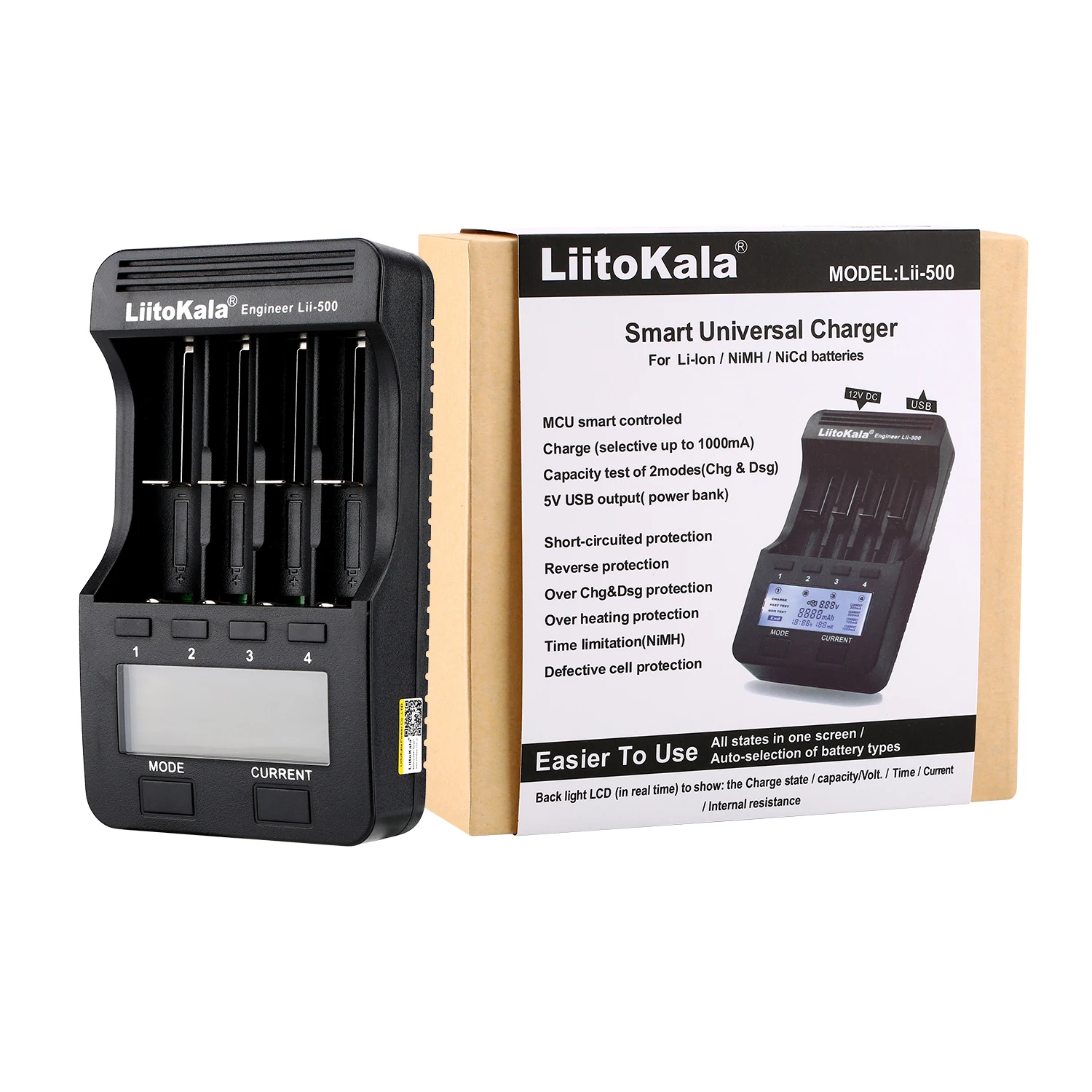 LiitoKala-Carregador de bateria com tela LCD, teste a capacidade da bateria, Lii-500S, lii-500, lii-600, 3.7V, 1.2V, 18650, 26650, 21700