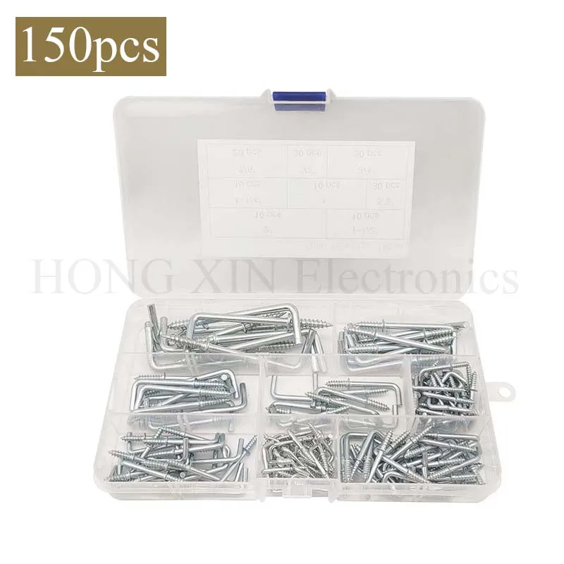 

150PCS 8 Sizes Zinc Plated Metal Screw-in Square Bend Hooks Kit, L Type Bend Hooks Self-Tapping Screws Hooks