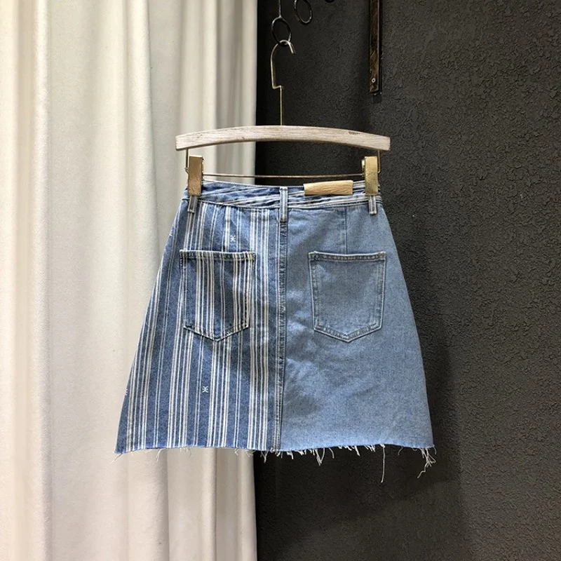 

Spliced Vintage Striped A-Line Denim Wrap Skirts Women Summer High Waist Mini Skirt Streetwear Designer Patchwork Skirts S-XL