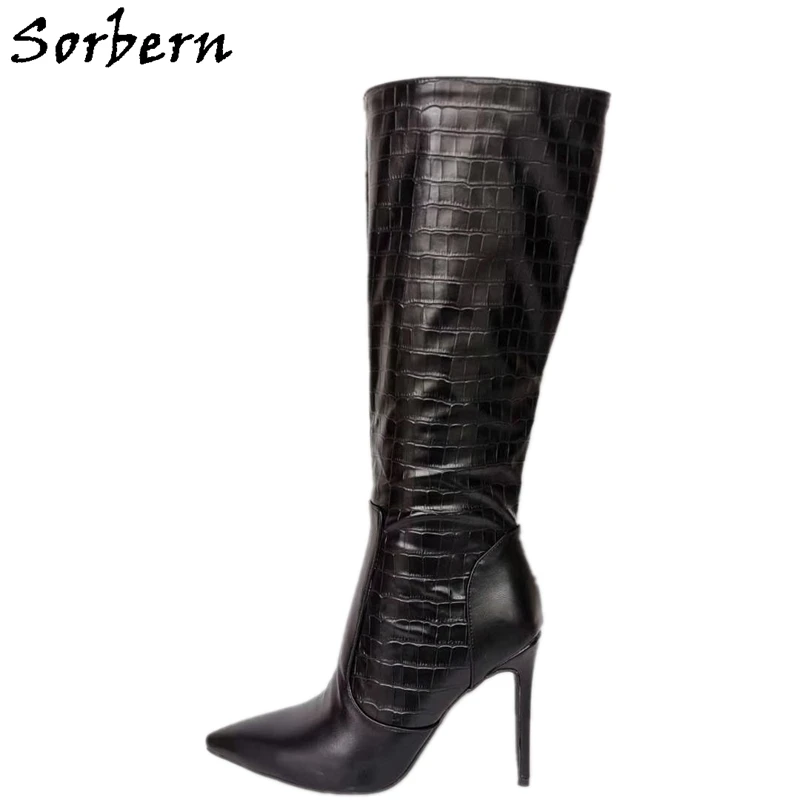 Sorbern Custom Wide Fit Knee High Boots Women High Heels Crocodile Style Pointed Toe Stilettos Size 11 Women Shoes