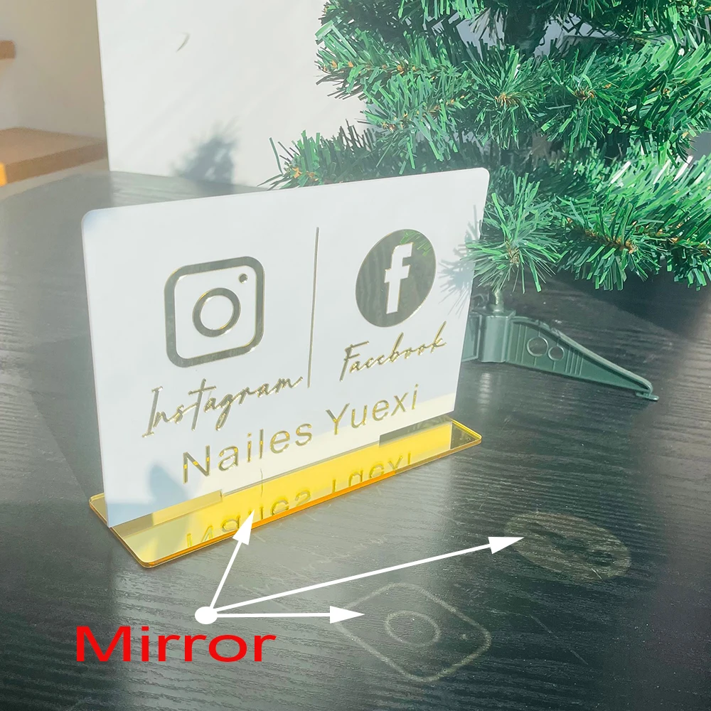 Custom Instagram Facebook White Table Sign Personalized Mirror Gold Acrylic Laser Cut Twitter YouTube Shop Store Sign with Base image 2
