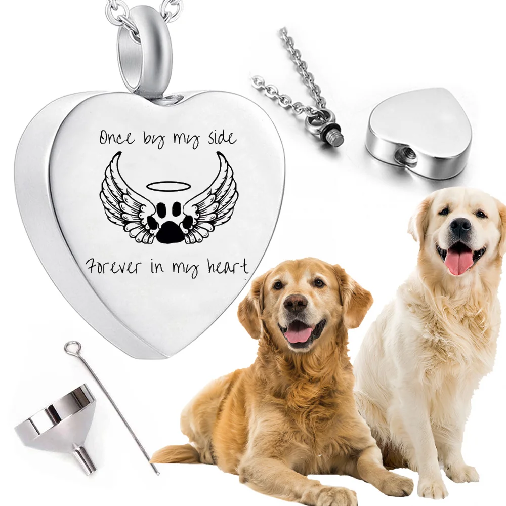 Angel wings cremation jewelry stainless steel heart pendant necklace pet dog memorial urn-once by my side forever in my heart