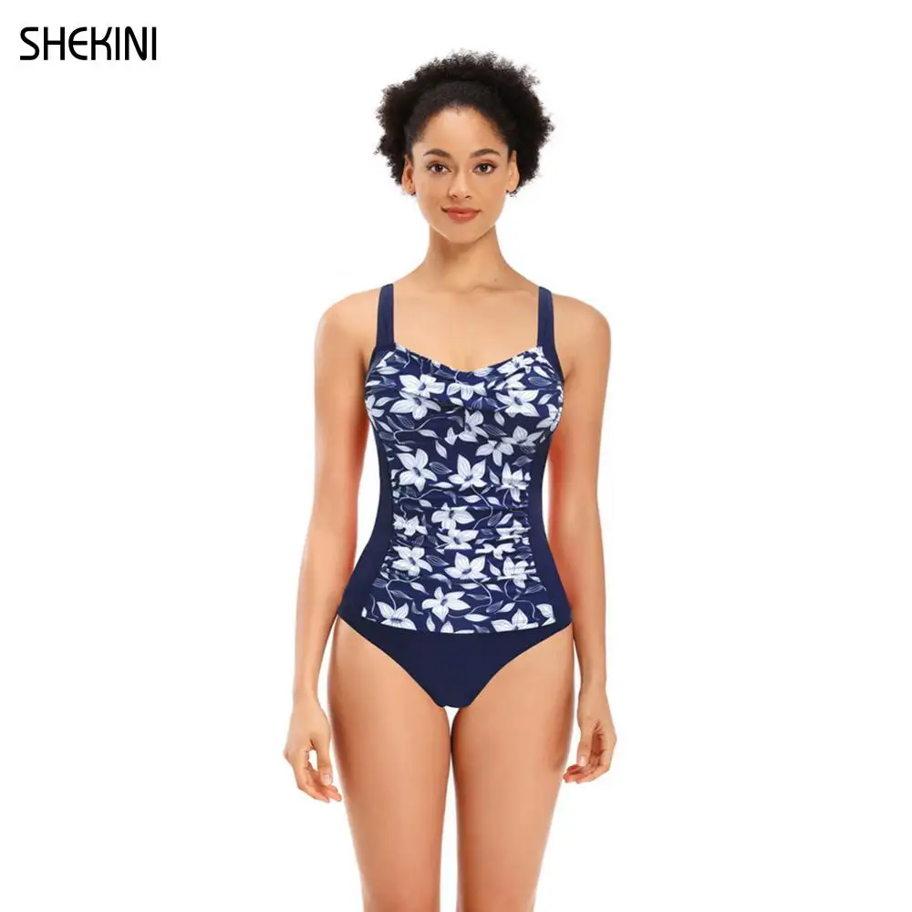 SHEKINI Women's Retro Print Twisted Front Tankini Set Tummy Control Two Piece Swimsuits Ruched Bathing Suits Cute Beach Swimwear