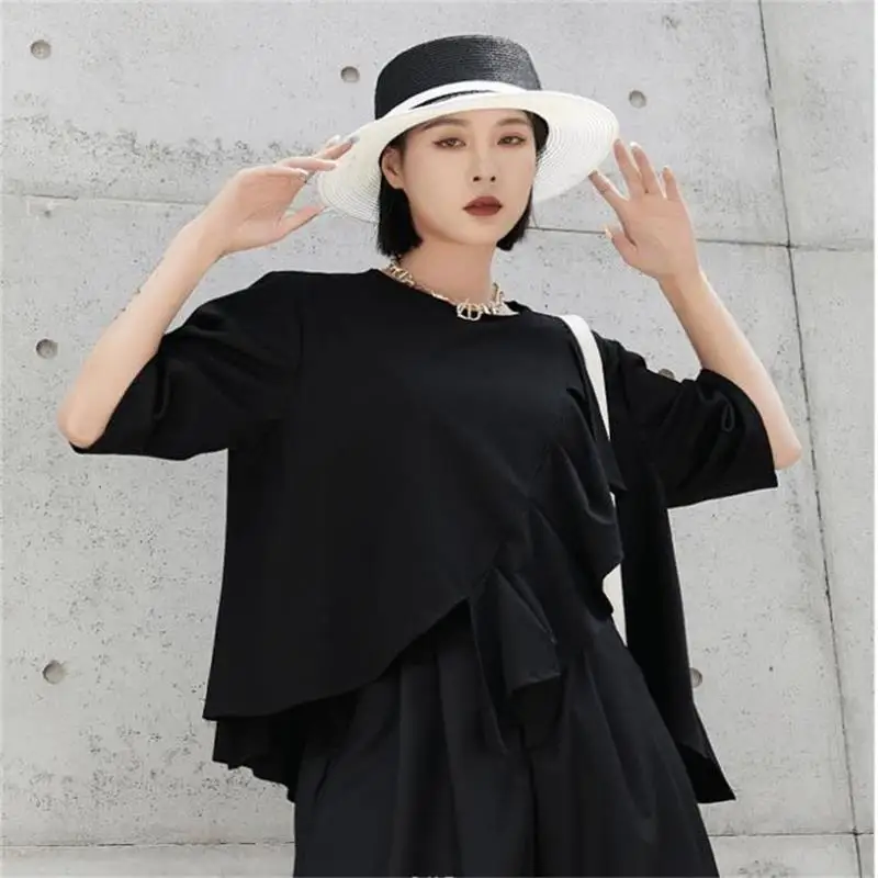 Women's Short Sleeve T-Shirt Summer New Black Personality Wrinkle Irregular Stitching Design Loose Casual Large Size T-Shirt