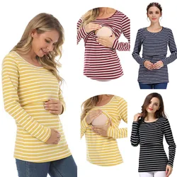 T-shirty ciążowe w paski z długim rękawem ubrania do karmienia piersią dla kobiet w ciąży bawełniane koszulki poporodowe