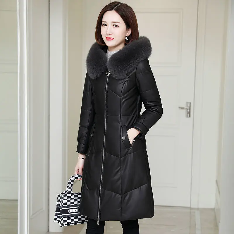 PU Leather Cotton Coat Female Fashion Ladies Winter Coat Parker Faux Fox Fur Hooded Mid-Length Black Leather Jacket Outerwear