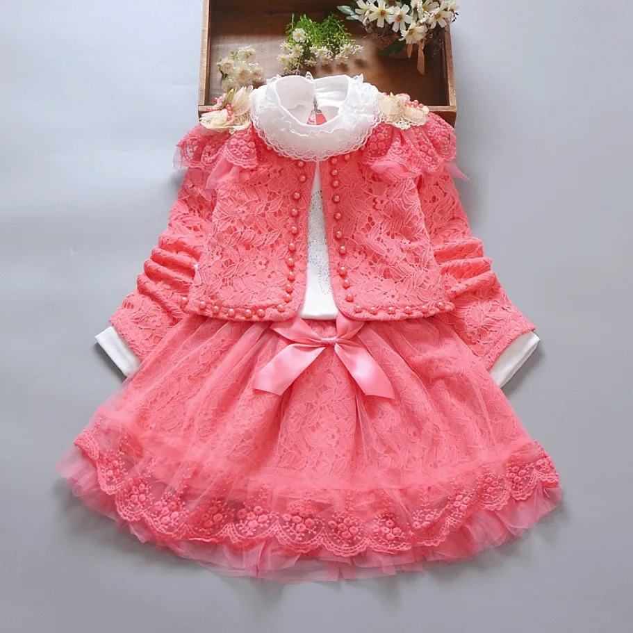 

High Quality Clothing Sets For Baby Girl Lace Flower Jacket Coat+T shirt+Tutu Skirts 3pcs Sets Princess Outfits Birthday Party