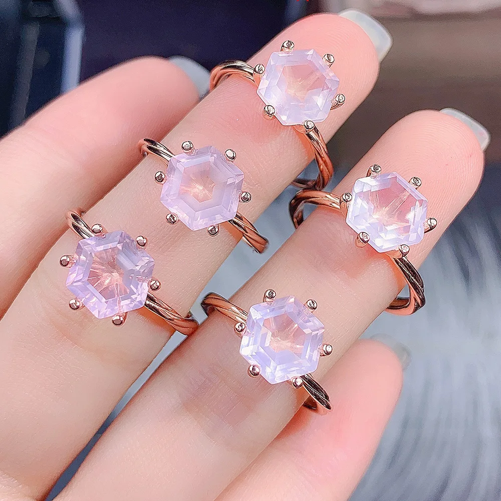 Simple Style Twins Band Ring Hexagon Natural Rose Quartz Ring In 925 Sterling Silver Engagement Wedding Rings For Women Gift