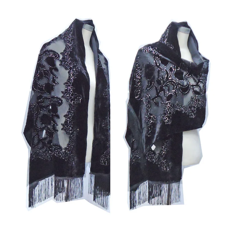 Brand Velvet Silk Long Scarf Hijab  Black Glitter Shawl For Women Print Bandana Headband Ladies Bag Wrap Winter Muslim Foulard