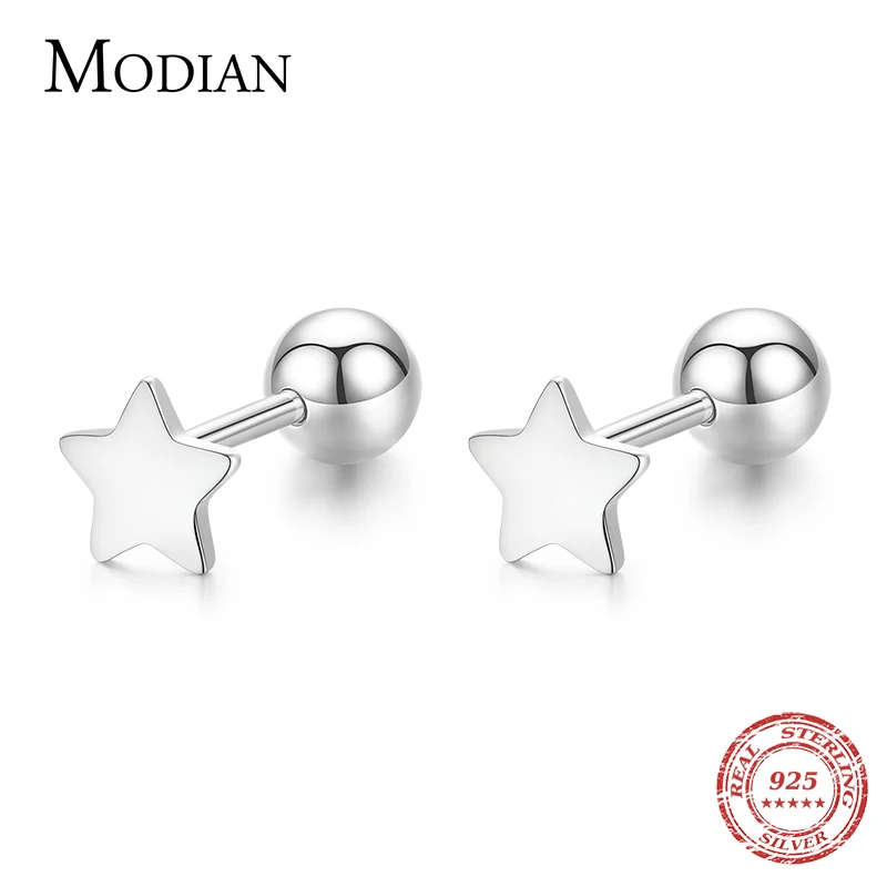 Modian Minimalism Stars Screw Stud Earrings 100% 925 Sterling Silver Charm Beads Tiny Earring For Women Girls Party Jewelry