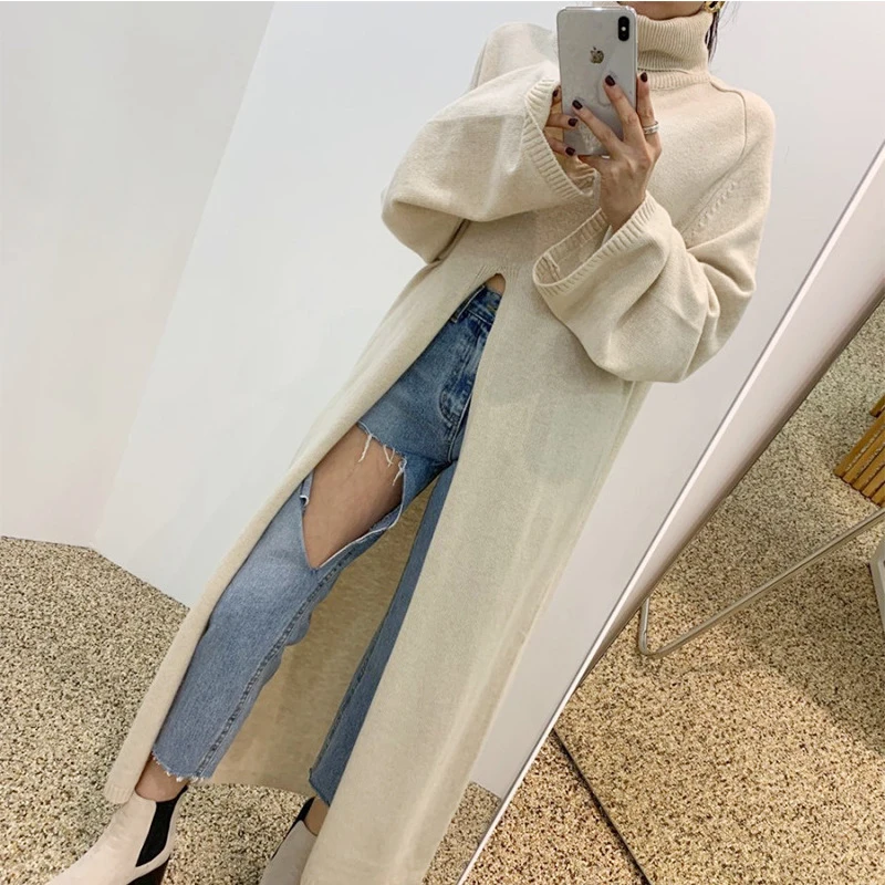 Elegant Korean Turtleneck Sweater Dress Casual Long Sleeve Split Long Sweater Vintage Harajuku Knit Pullover Streetwear Jumper