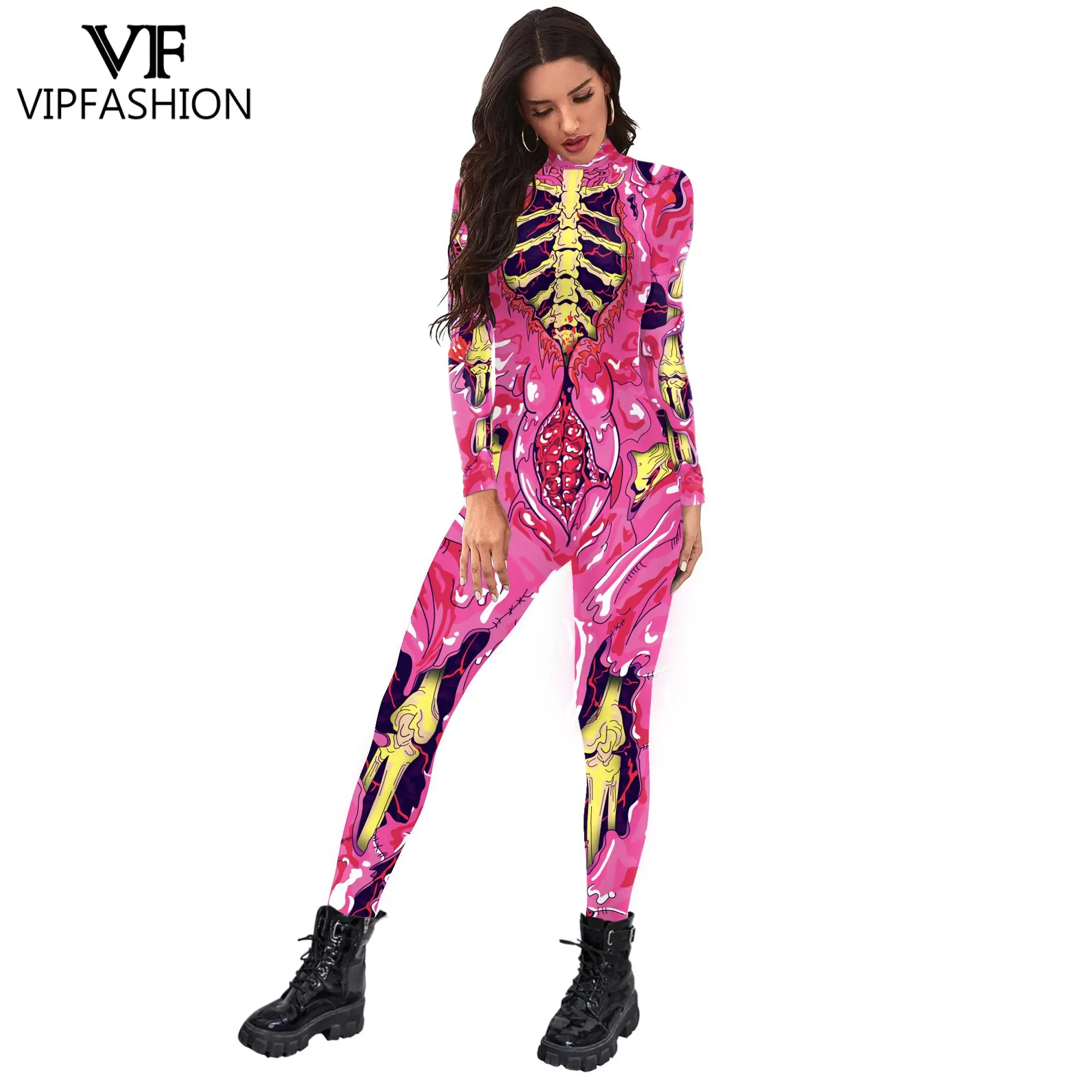 Vip Mode Halloween Carnaval Party Zentai Catsuit Skeleton 3D Digital Printing Bodysuit Cosplay Kostuum Voor Vrouwen