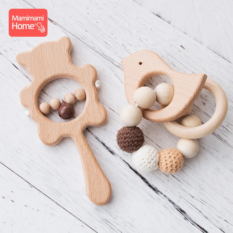 1 set di giocattoli per bambini musica sonaglio braccialetto di perline di legno all'uncinetto roditore di legno giocattoli da masticare montessori palestra prodotti per la dentizione del bambino regali appena nati