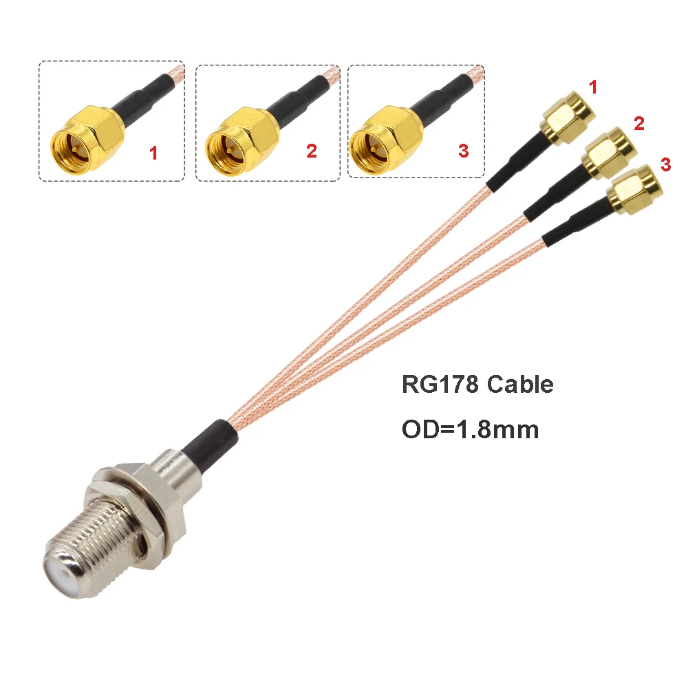 1PCS F Female to 3 SMA Male Plug 1 to 3 Splitter Adapter Cable RG178 Pigtail Jumper Antenna Extension Cable 15CM 6