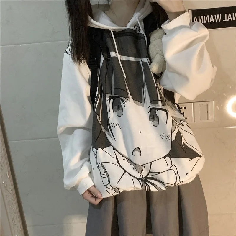 QWEEK Anime Sweatshirt with Print Spring 2021 Women Japanese Harajuku Manga Kawaii Cute Hoodies Streetwear Women White Tops