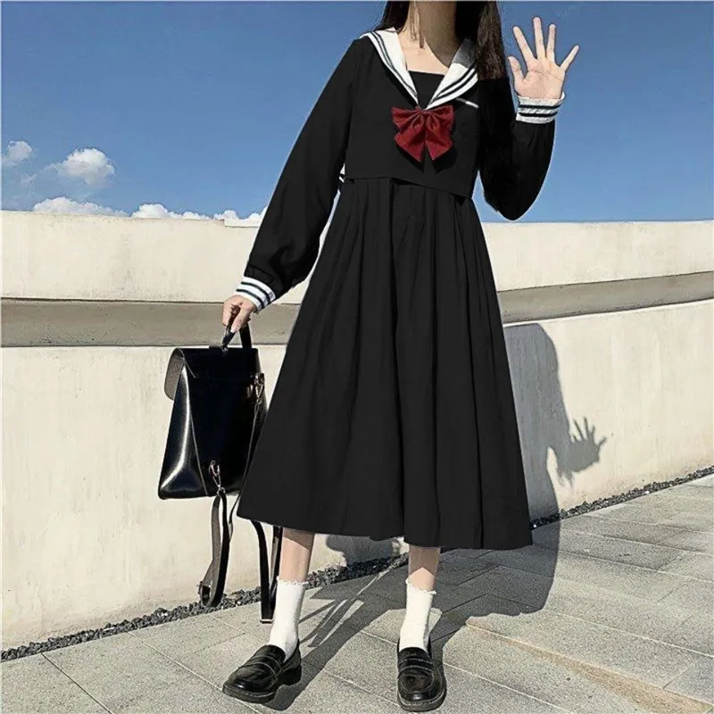 Uniforme escolar Jk auténtico de estilo japonés para mujer, traje negro de manga larga con cuello azul marino y lazo, moda, vestidos plegables