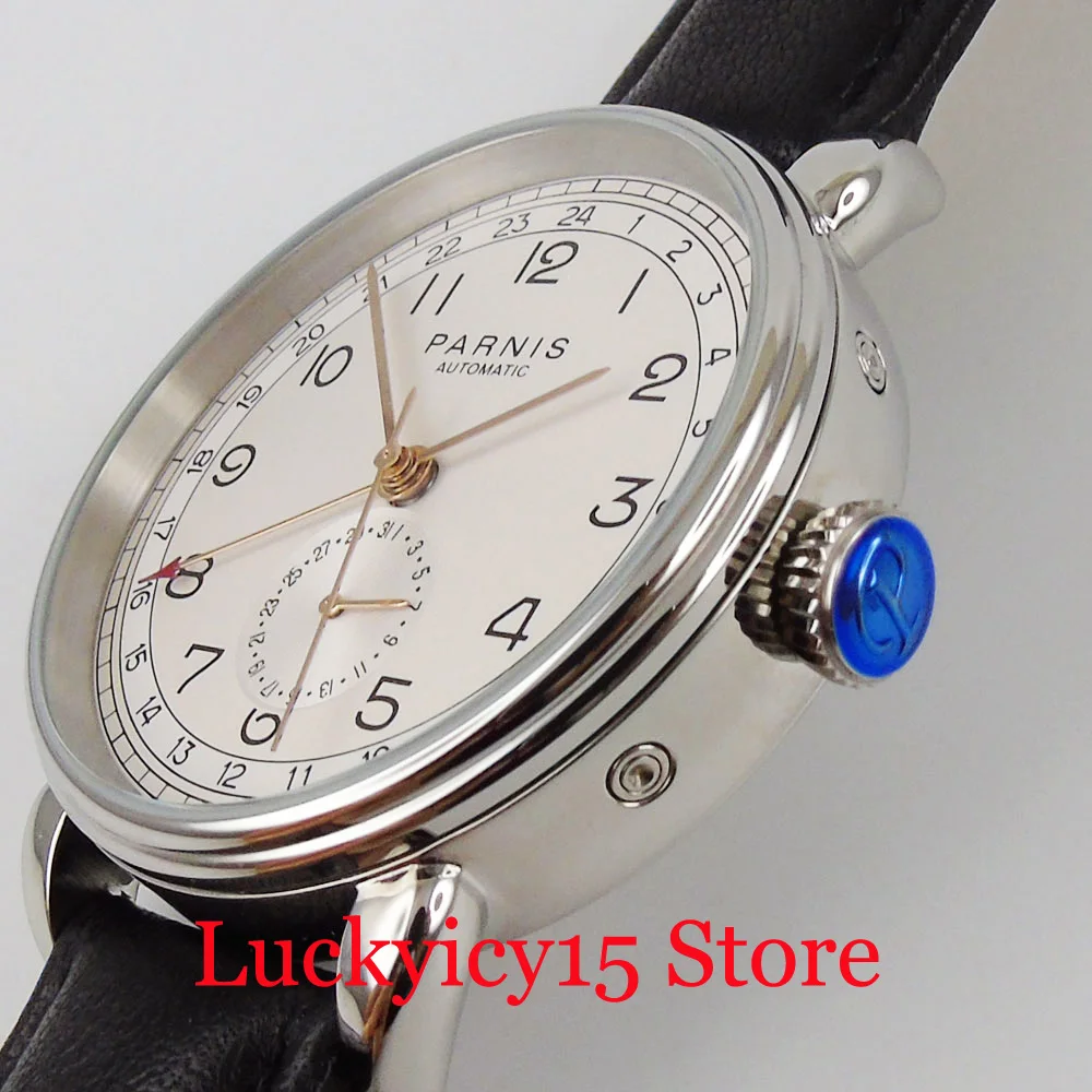 PARNIS Round GMT Men Wristwatch Self Winding Movement Rose Gold Marks Leather Strap Date Sub Dial Seeing Backcover