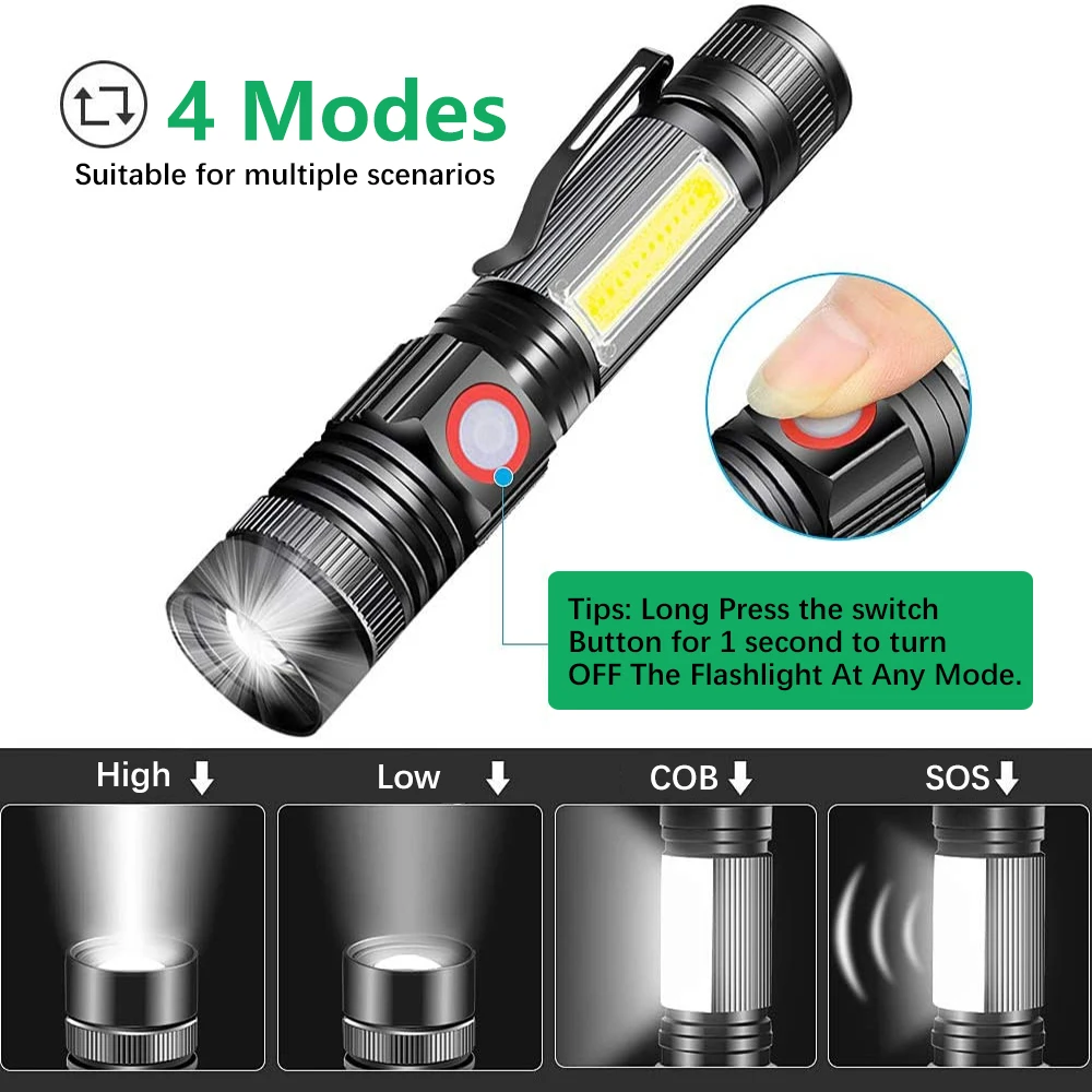 Powerful XHP50/T6 LED Flashlight Waterproof COB Torch with Tail Magnet Zoomable Camping Lantern 2600mAh 18650 USB Work Light