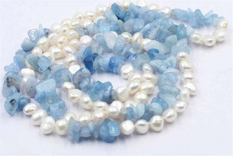 

HABITOO Handmade Natural 6-7mm White Freshwater Pearl Aquamarine Stone Long Necklace 34 Inch Fashion Jewelry for Women Gifts