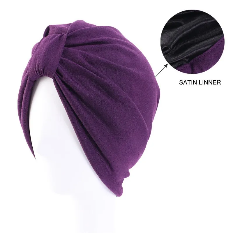 Women Satin Lining Turban Cap Muslim Cotton Headscarf Bonnet Elastic Solid Color Female Knot India Cap Hair Loss Chemo Cap