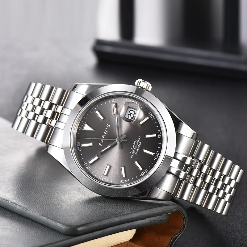 PARNIS Male Watch Business Style Grey Dial Sapphire Crystal Jubilee Bracelet MIYOTA/MINGZHU Movement