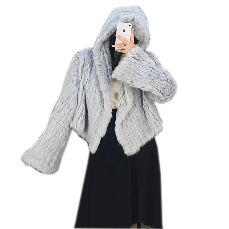 

Real Knitted rabbit fur coat Street Coat hot sell fashion Large hooded winter coat female Internet Celebrity coat