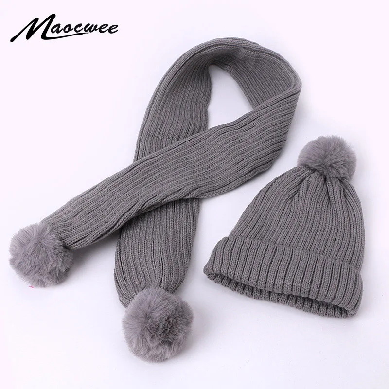 

Winter Cute Baby Pompon Hat Scarf Set Knit Crochet Kids Hat Scarves Suit Warm Faux Fur Pom Hat Beanie with Lining For Boys Girls