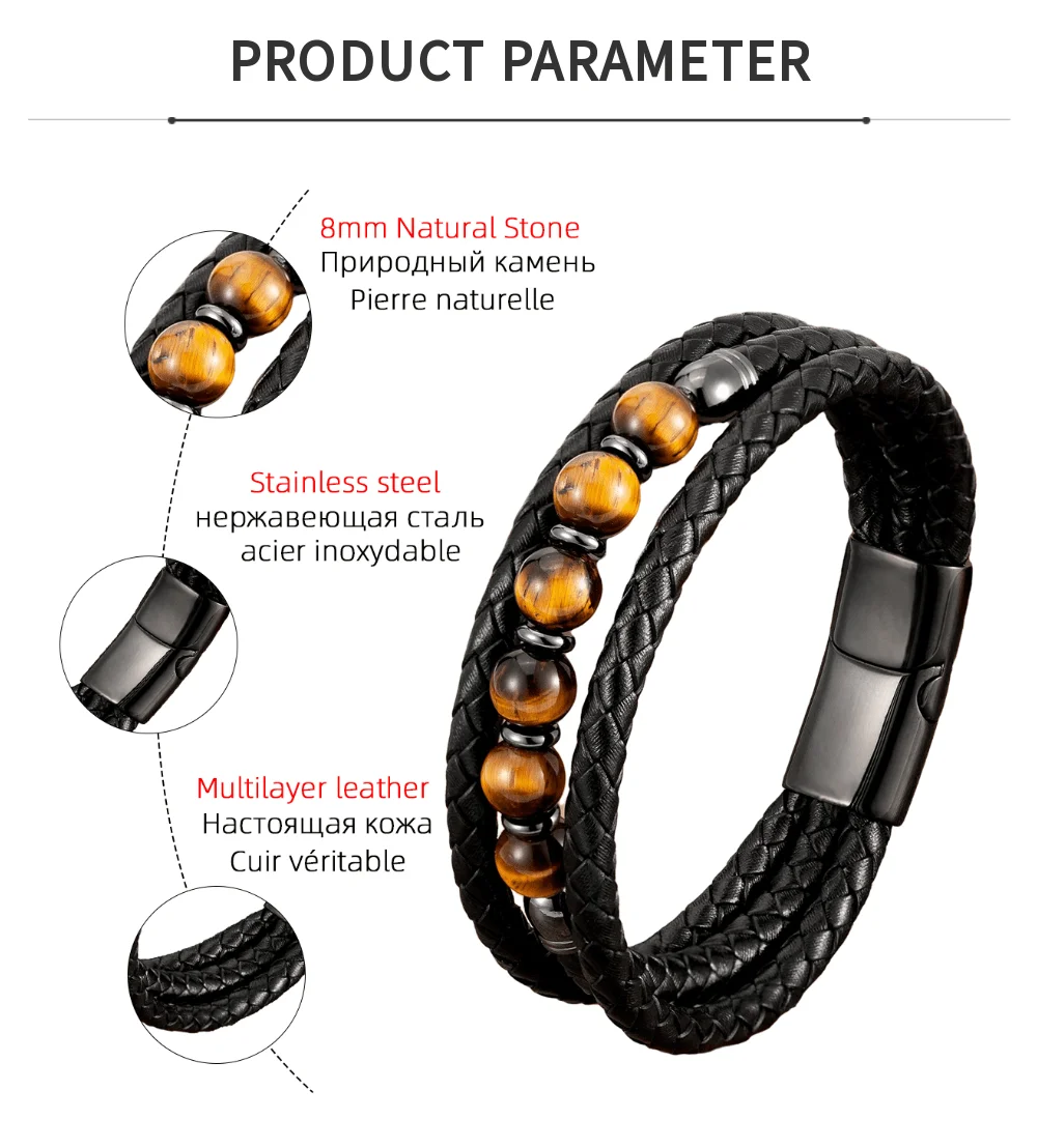 2026 Trendige Mehrschichtige Lederarmbänder für Männer, Schmuck, 9 Stile, Runde Steine, 8mm Perlenarmbänder für Männer und Frauen, Valentinstagsgeschenke – Detail 3