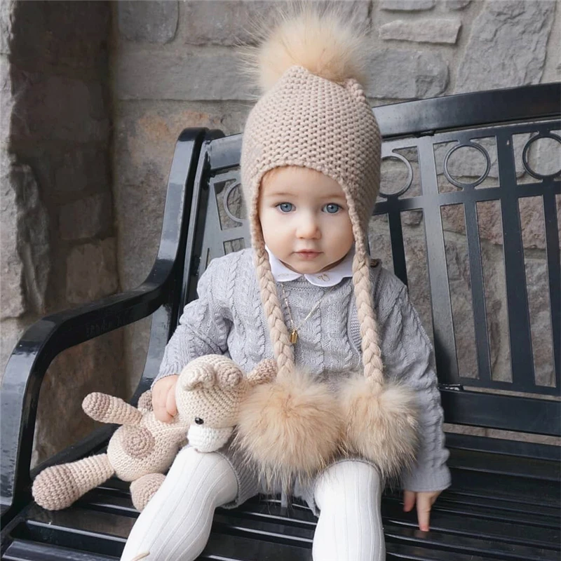 Knitted Baby Hat with Three Real Fur Pompom Children Beanie Boy Girl Natural Raccoon Fur Ball Kids Cap Cute Real Fur Pom Pom Hat