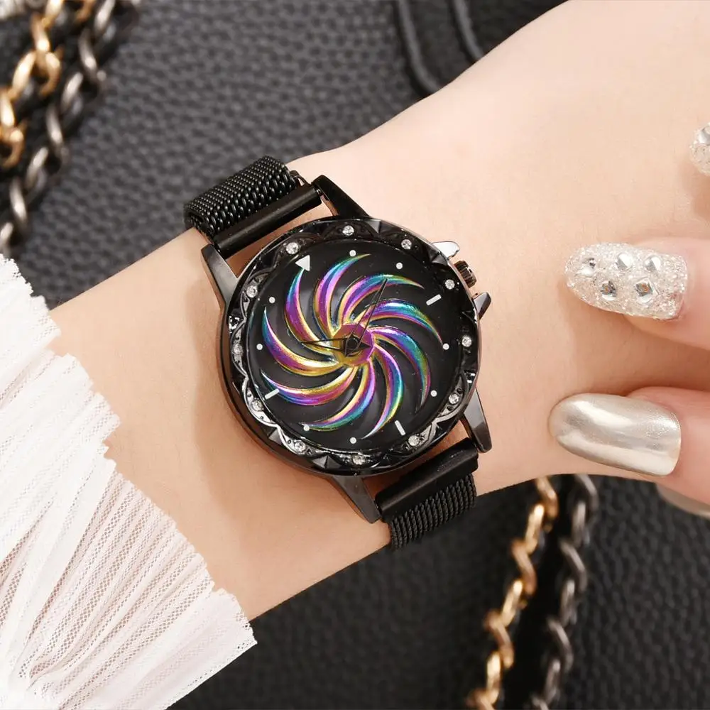 Rotating windmill Women Luxury Magnet Bracelet Watches 360 Rotate Wheel of Fortune Relogio FemininoQuartz Watch Female Clock