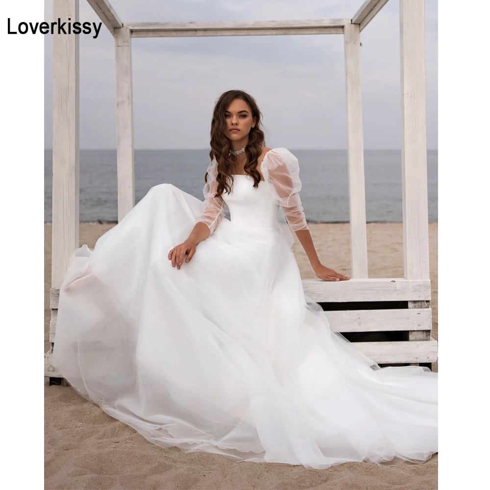 Loverkissy branco praia vestidos de casamento de manga longa simples tull vestidos de casamento para nupcial laço-up aberto voltar vestido de princesa 2022