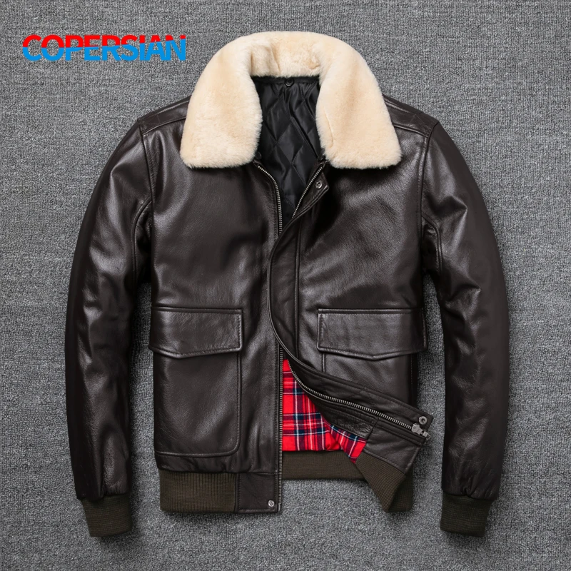 Air Force Flight Jacket Fur Collar Genuine Top Layer Cow Leather Jacket Men Black Brown Cow Coat Men\'s Winter Jacket 정품 가죽