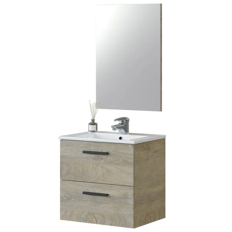 Alaska Oak Aruba bathroom cabinet 2 drawers and mirror Industrial style 60x45 cm with ceramic basin