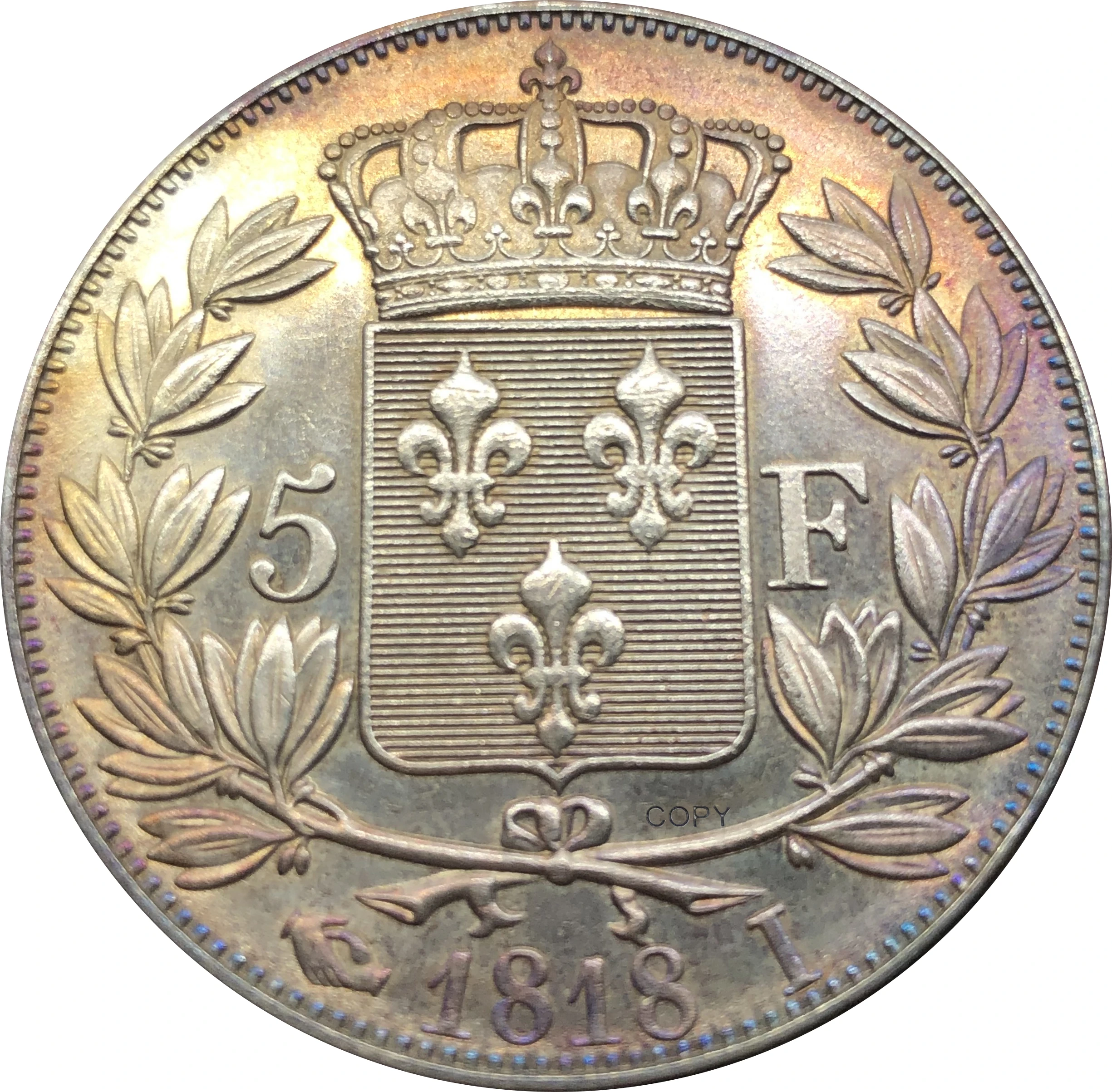 France 1818 I 5 Francs - Louis XVIII Bare Head Coin Metal Cupronickel Plated Silver Collectible Souvenir Copy Coins