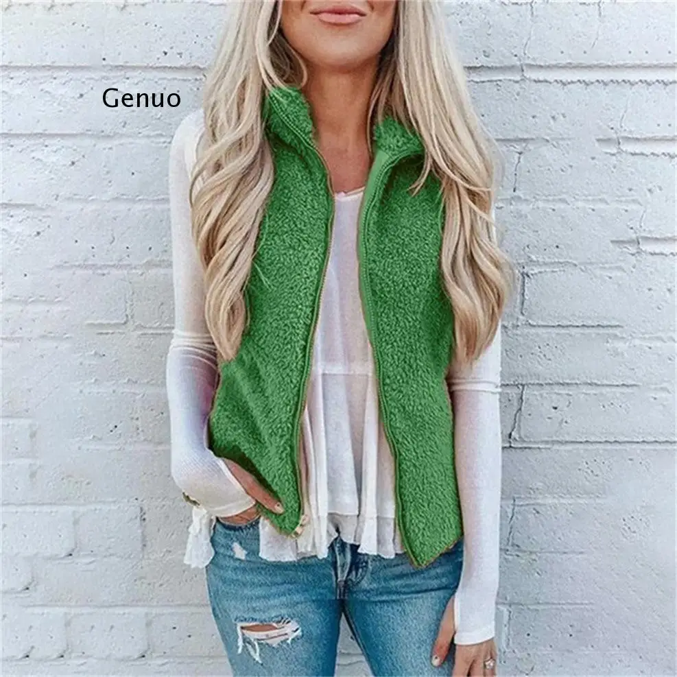 

Spring, Autumn and Winter Women's Vests Knitted Plush Vest Pocket Zipper Coat for Women