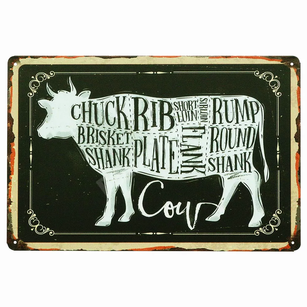 BUTCHER\'S GUIDE Vintage Metal Signs Cut Beef Cow Chicken Pork Duck Poster Kitchen Decorative Plates Plaque Wall Stickers N286