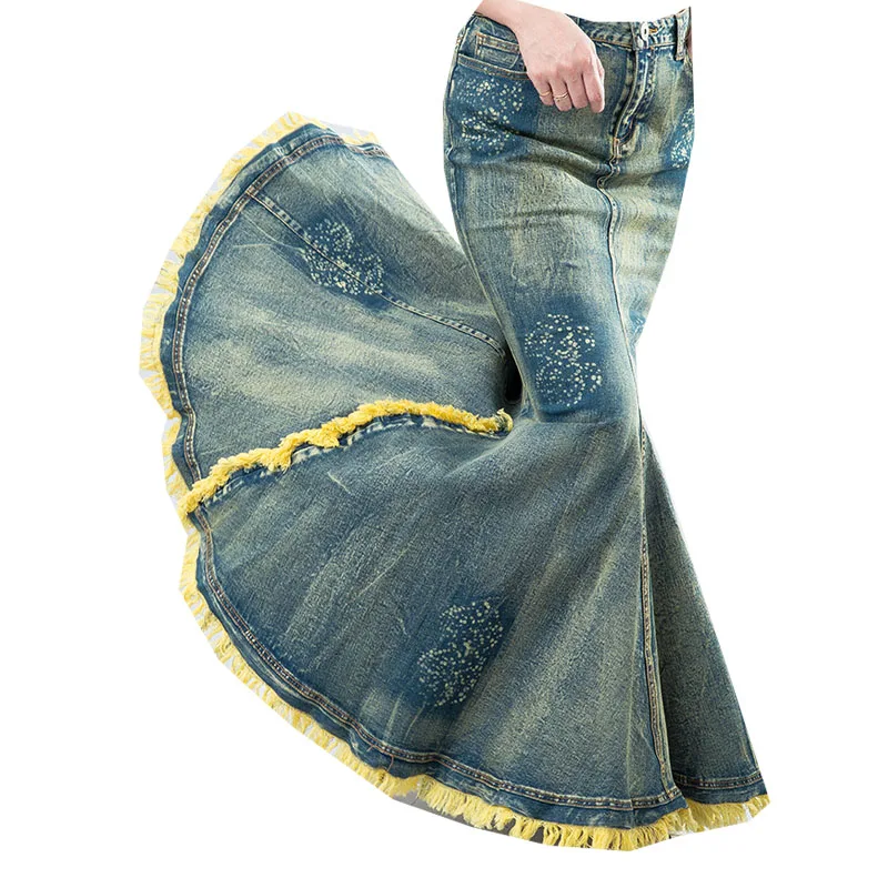 Imagem -03 - Tiyihailey-saia Jeans Longa para Mulheres Estilo Sereia Cauda de Peixe Borlas de Cintura Alta Estiramento S-xl Moda 2023