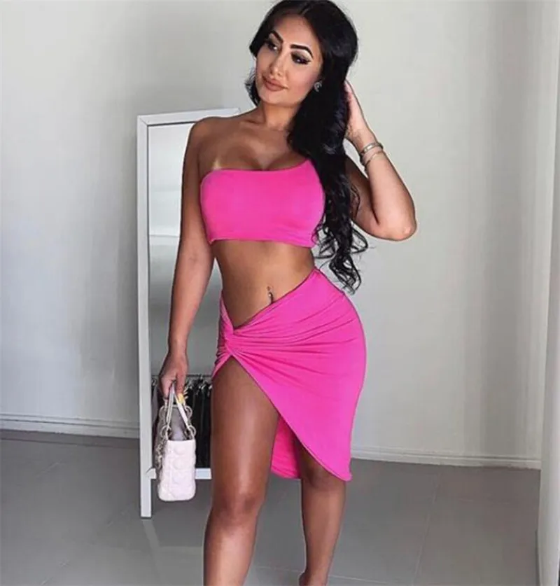 Women Bodycon Set Two Piece One Shoulder Crop Top and Mini Skirt Set Bandage Sexy Clubwear Yellow Black White Rose Red