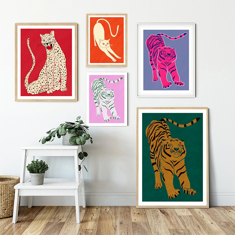 Nordic Abstract Animal Poster Red Pink Green Tiger Doesnt Lose Sleep Canvas Painting Wall Art Prints Picture Bed Room Home Decor